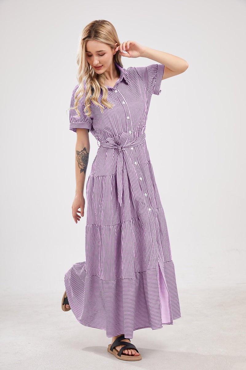 utcoco Womens Casual Short Sleeve Button Down Tie Waist Ruffled Striped Maxi Shirt Dress (Large, Purple) - Image 5