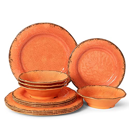 LEHAHA 12 Piece Crackle Lightweight Melamine Dinnerware Set-Service for 4, break-resistant and Durable Rustic Plates and Bowls Dishware Sets Perfect for Patio and Outdoor Activities - Image 1