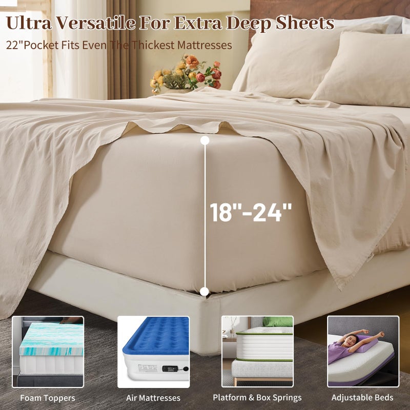 MEISHANG 100% French Pure Linen Sheets Queen Size - Extra Deep Pocket Sheet Set, Soft Durable Flax Linen, Anti-Tear Breathable & Oeko-Tex Certified 18-24 Deep Pocket,All Season(Linen) - Image 4