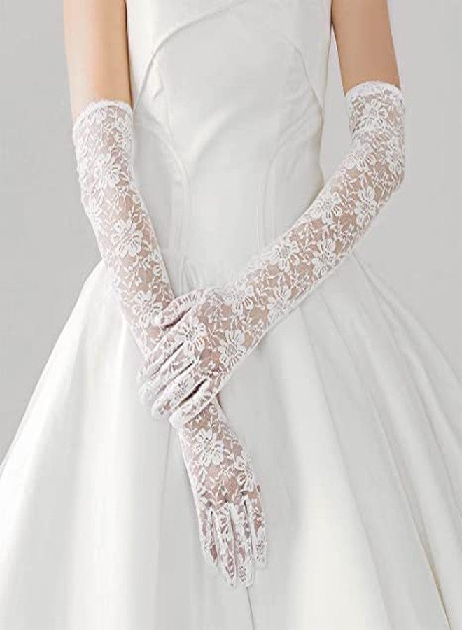 KETKAR Elegant Satin Lace Gloves Long Bridal Gloves forBride Flower Girls Women Wedding Prom Party_White - Image 3