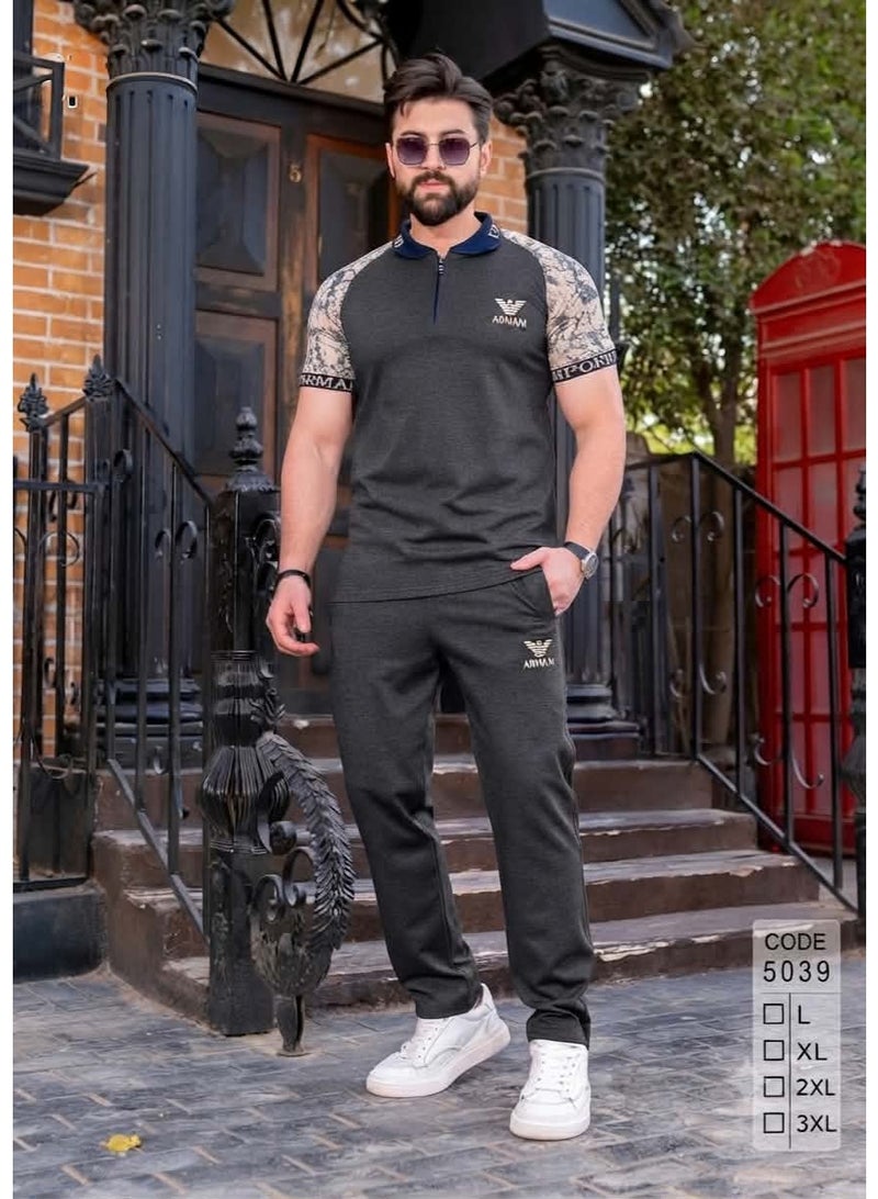 Men's summer tracksuit, 100% pure premium cotton - stylish and chic design, dark gray color - size XL - Image 1