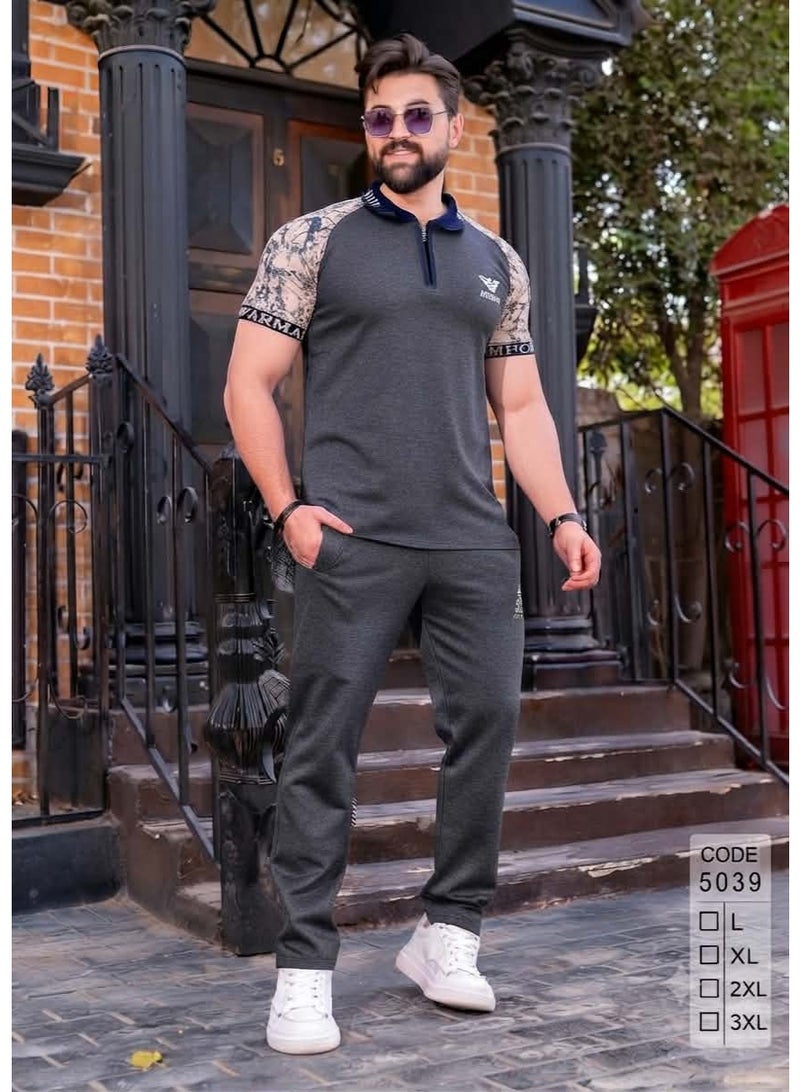 Men's summer tracksuit, 100% pure premium cotton - stylish and chic design, dark gray color - size XL - Image 5