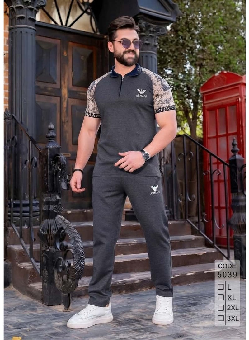 Men's summer tracksuit, 100% pure premium cotton - stylish and chic design, dark gray color - size XL - Image 4