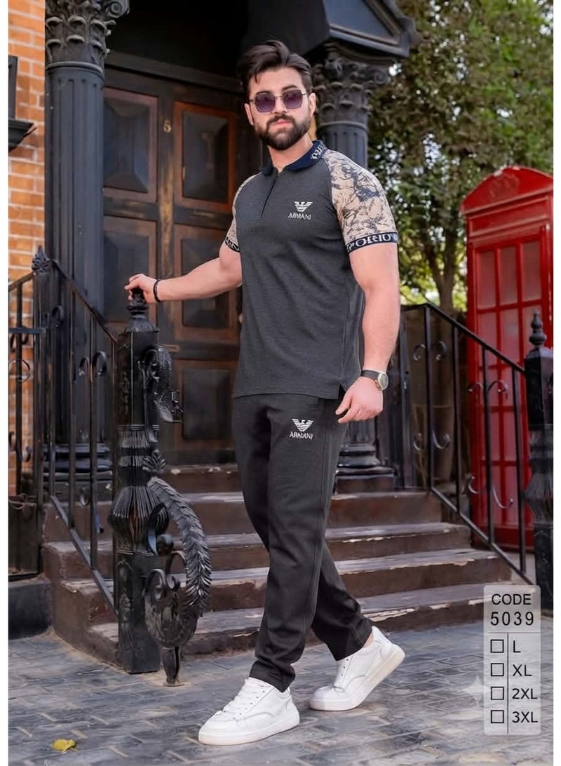 Men's summer tracksuit, 100% pure premium cotton - stylish and chic design, dark gray color - size XL - Image 3