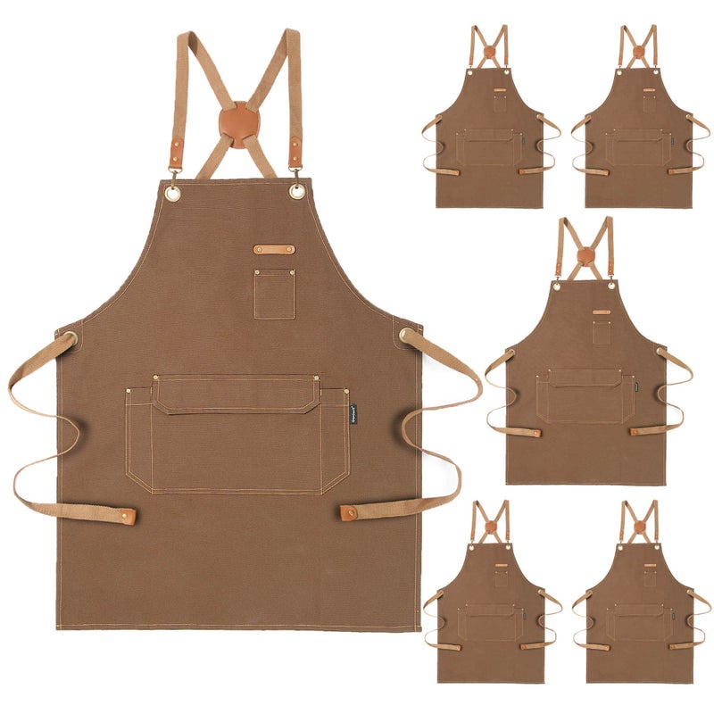 Genixart 6 Bulk Pack Chef Apron for Men Women with Pockets Cross Back Apron for Kitchen Cooking Baking Artist Painting Cotton Canvas Work Aprons for Restaurant Cafe Shop Garden Brown M to XXL - Image 2
