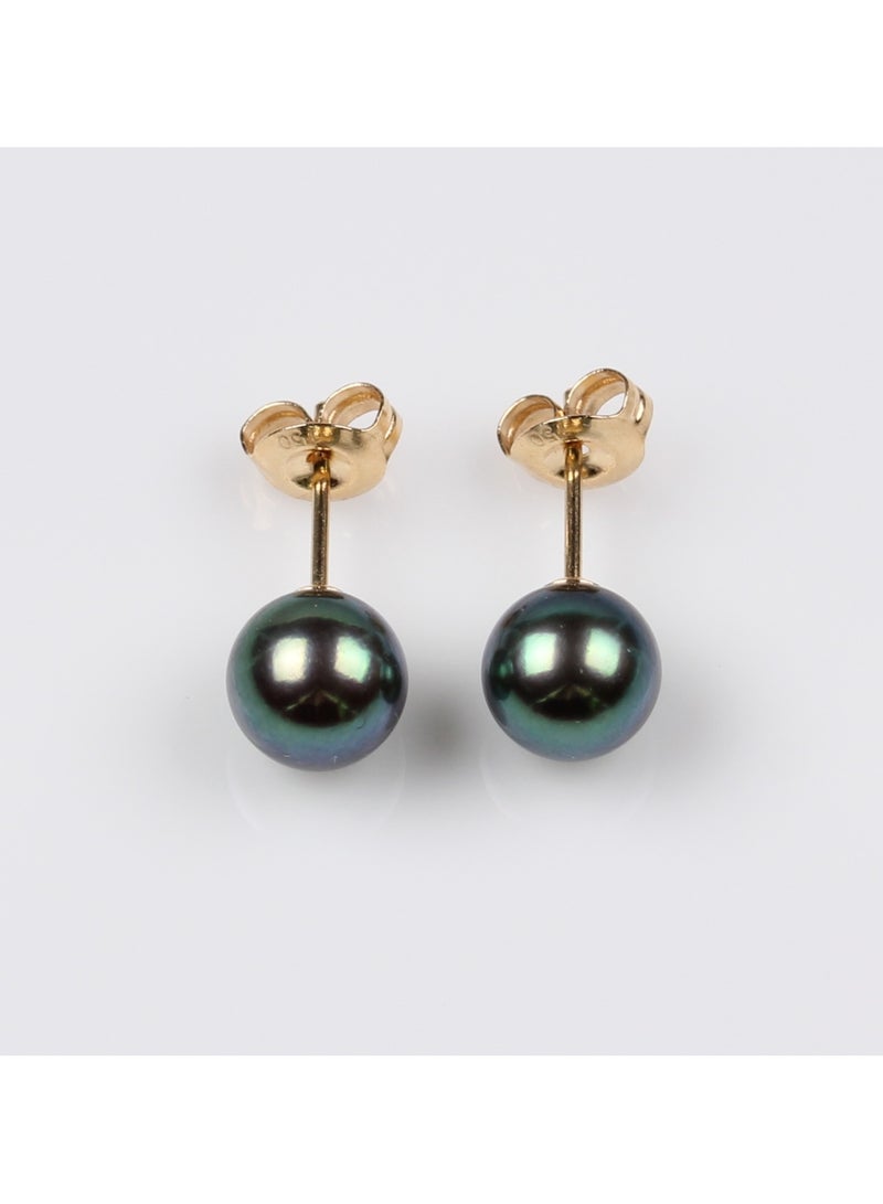 MIKURA Earrings, Japanese Akoya Pearls, A Quality, Treated Black Color, 7.5-7.0MM, 18KY  - Image 2