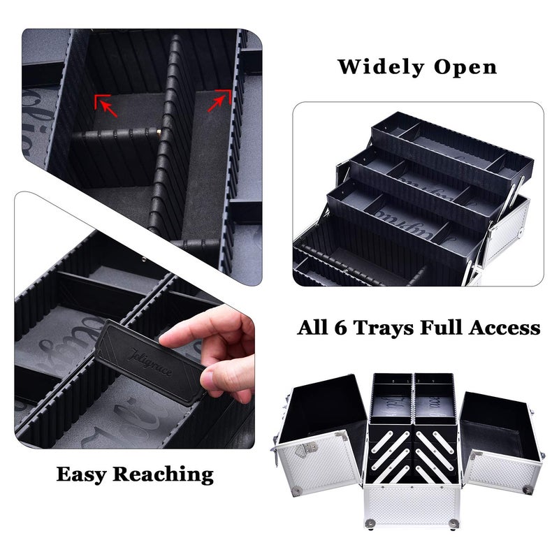 Joligrace Extra Large Makeup Train Case 6 Tray Make Up Artists Organizer Box Lockable Cosmetic Jewelry Toiletries Carrier Crafters Tool Cases with Adjustable Dividers & Shoulder Strap - Silver - Image 4