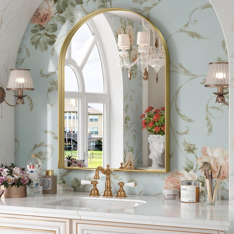 Brightify Arched Mirror 22 x 30 Inch Gold Arch Mirror Metal Frame Gold Arched Wall Mirror Arched Top Bathroom Vanity Mirror for Living Room Bedroom Mantel Entryway Hallways