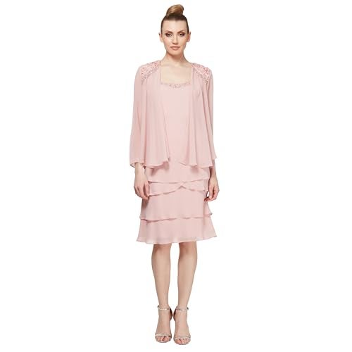 S.L. Fashions فستان س.ل. فاشنز للأم العروس مع سترة متعددة الطبقات وزخرفة على الكتف، وردي باهت، 14 صغير - Image 1