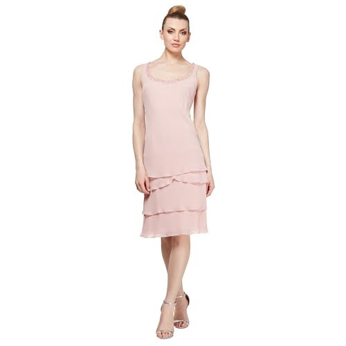S.L. Fashions فستان س.ل. فاشنز للأم العروس مع سترة متعددة الطبقات وزخرفة على الكتف، وردي باهت، 14 صغير - Image 3