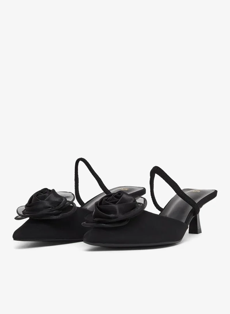 Styli Black Satin Shoes with Floral Detail