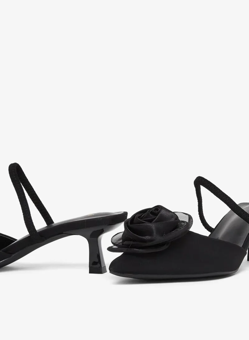 Styli Black Satin Shoes with Floral Detail