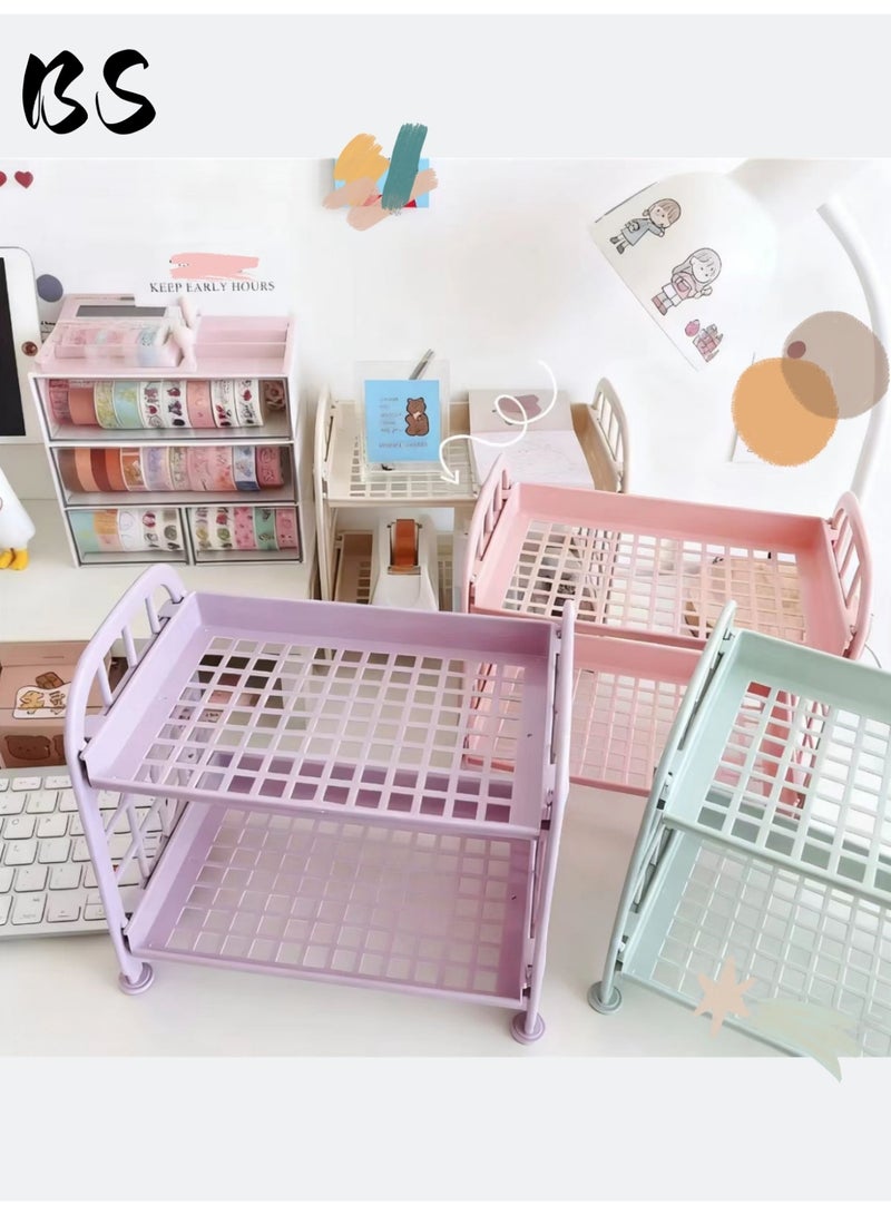 بي إس 2 مجموعات 2 أرفف بلاستيكية متعددة الوظائف | أرفف سطح المكتب | أرفف سلة مربعة قابلة للتعديل | لمستحضرات التجميل والقرطاسية ومنتجات العناية بالبشرة | المكتب المطبخ غرفة نوم حمام المنزل (الأصفر والأرجواني). - Image 3