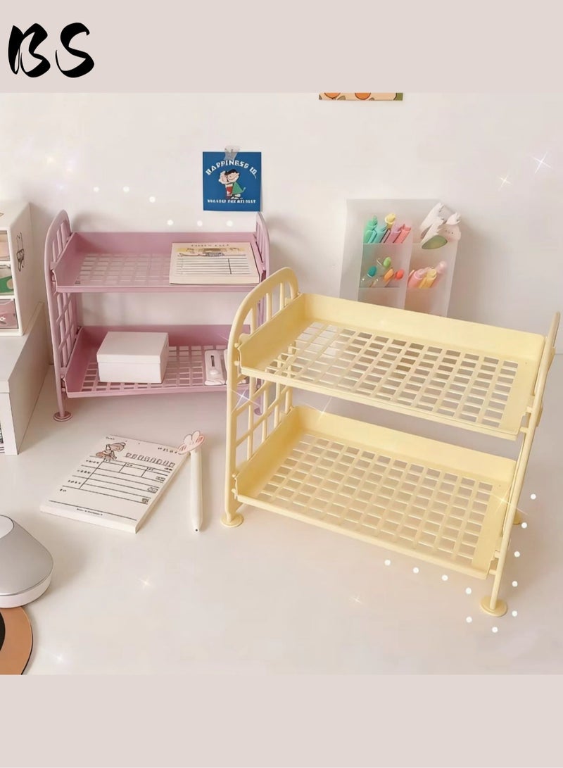 بي إس 2 مجموعات 2 أرفف بلاستيكية متعددة الوظائف | أرفف سطح المكتب | أرفف سلة مربعة قابلة للتعديل | لمستحضرات التجميل والقرطاسية ومنتجات العناية بالبشرة | المكتب المطبخ غرفة نوم حمام المنزل (الأصفر والأرجواني). - Image 1