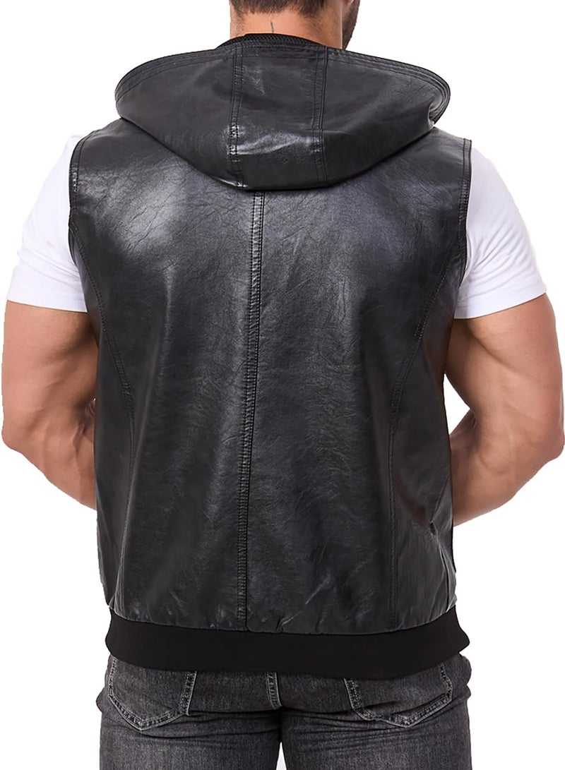 FANARCHER Men's Vintage Faux Leather Vest Jacket Zip-up Classic Hipster Vest with Hood Sleeveless Jacket - Image 3