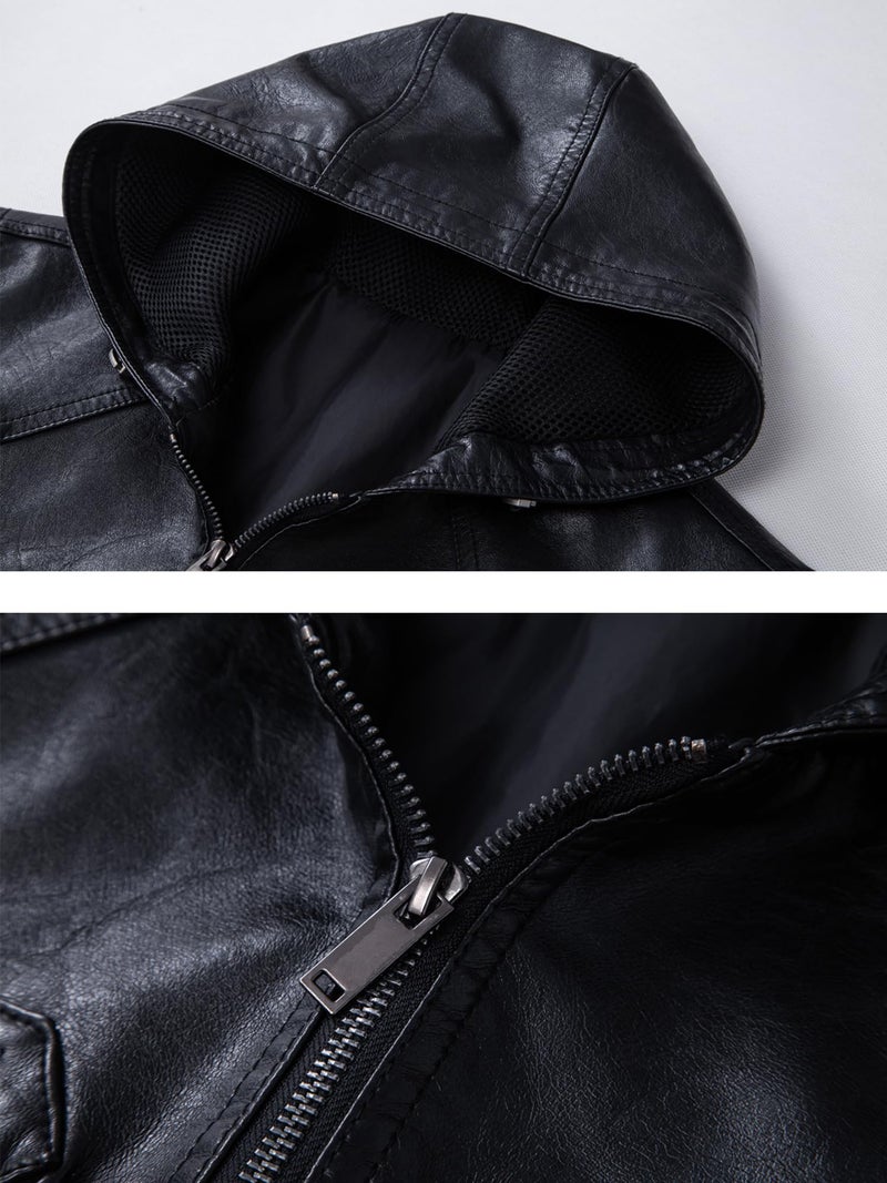FANARCHER Men's Vintage Faux Leather Vest Jacket Zip-up Classic Hipster Vest with Hood Sleeveless Jacket - Image 4