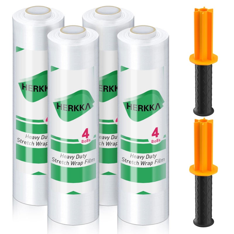 HERKKA Stretch Film, HERKKA Stretch Wrap with Handles Industrial Strength, Moving Wrapping Plastic Roll, Shrink Wrap for Pallet Wrap, 15" x 1000 Feet, 4 Pack, 60 Gauge - Image 1