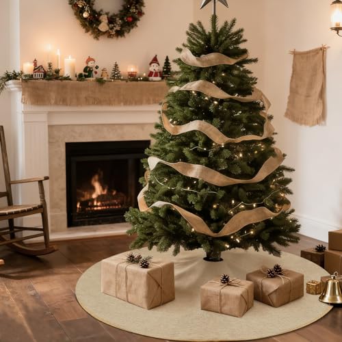 yuboo 48" Burlap Farmhouse Tree Skirt Brown, Boho Rustic Jute Linen Xmas Tree Skirt for Boho Farmhouse Christmas Decorations Ornaments - Image 1