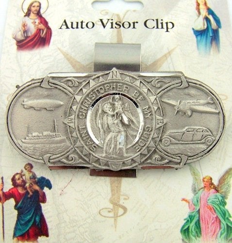 WJH Pewter Saint Christopher Be My Guide Land Sea and Air Visor Clip, 2 3/8 Inch - Image 2