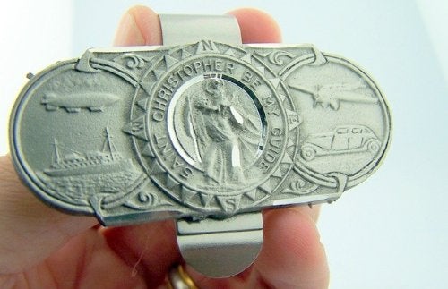 WJH Pewter Saint Christopher Be My Guide Land Sea and Air Visor Clip, 2 3/8 Inch - Image 3