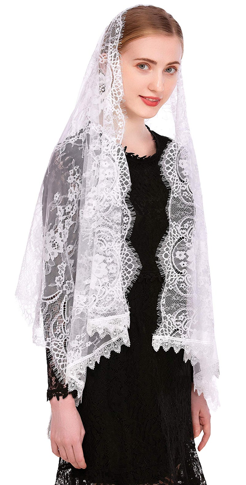 PAMOR Rectangular Chapel Veil Spanish Lace Floral Mantilla Veils Wrap Shawl Mass Head Covering (White) - Image 2