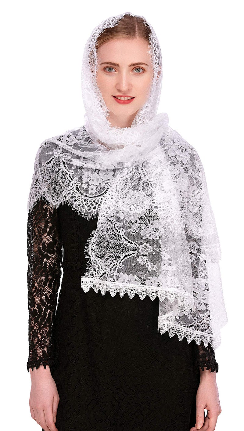PAMOR Rectangular Chapel Veil Spanish Lace Floral Mantilla Veils Wrap Shawl Mass Head Covering (White) - Image 3
