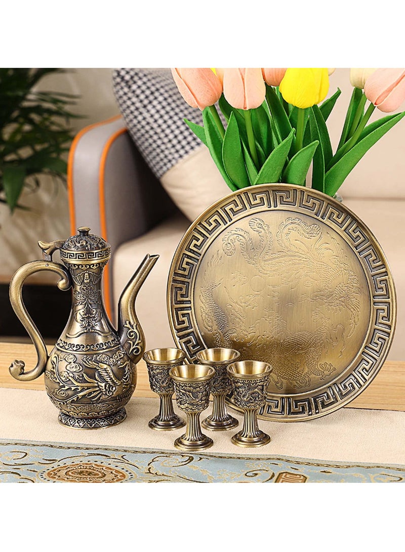 Excefore طقم وعاء القهوة التركي العتيق ، طقم خدمة الشاي بما في ذلك 4 أكواب معدنية وصينية شاي لتزيين طاولة الشاي ، طقم خدمة الشاي لتزيين طاولة الشاي في المنزل ، هدية زفاف ، حفلة شاي منزلية (برونزي) - Image 5
