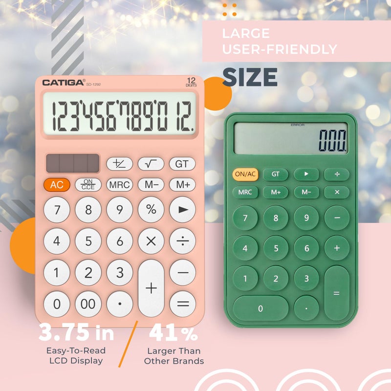 Catiga 12 Digit Desktop Calculator Basic Desk Calculator With Large Lcd Display  Big Buttons  4 Function  Solar And Battery Dual Power  For Office  School  Home  Sd-1292 Pink - Image 3