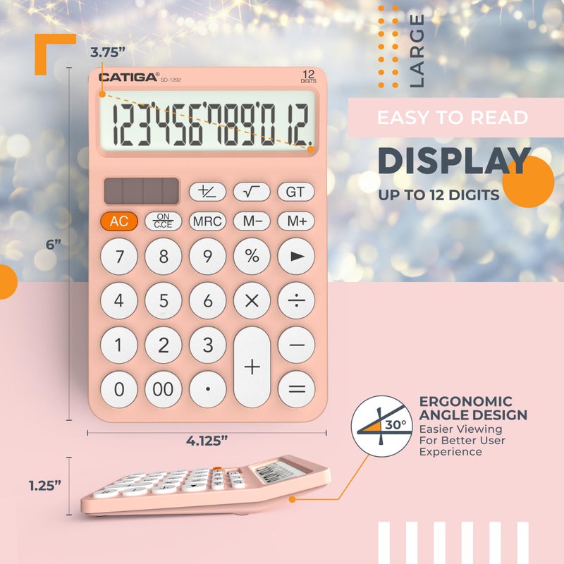 Catiga 12 Digit Desktop Calculator Basic Desk Calculator With Large Lcd Display  Big Buttons  4 Function  Solar And Battery Dual Power  For Office  School  Home  Sd-1292 Pink - Image 4