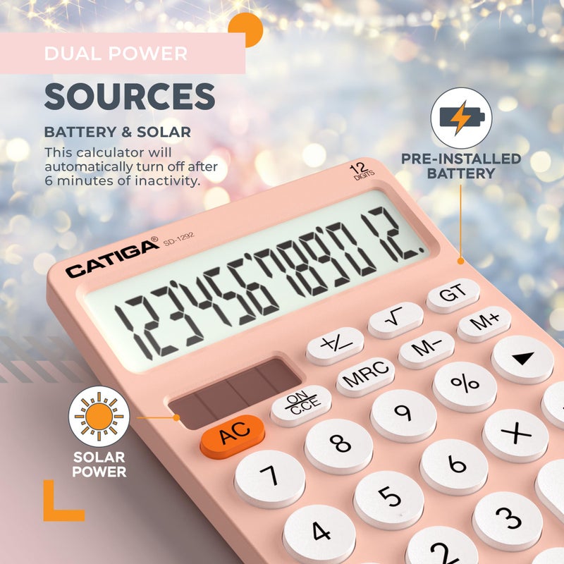 Catiga 12 Digit Desktop Calculator Basic Desk Calculator With Large Lcd Display  Big Buttons  4 Function  Solar And Battery Dual Power  For Office  School  Home  Sd-1292 Pink - Image 5