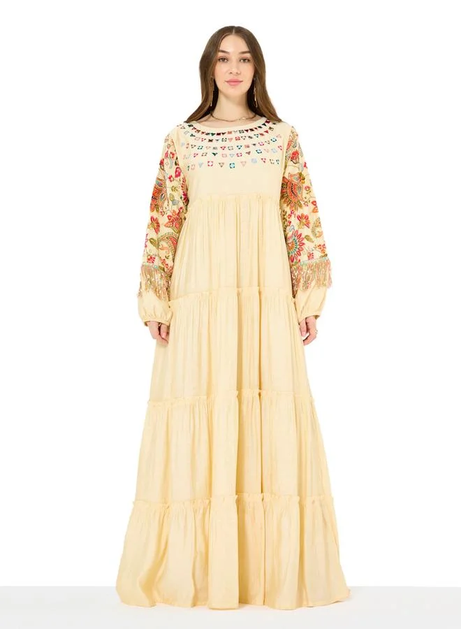 Thouq Beige Embroidery Sequin Embellished Maxi Jalabiya