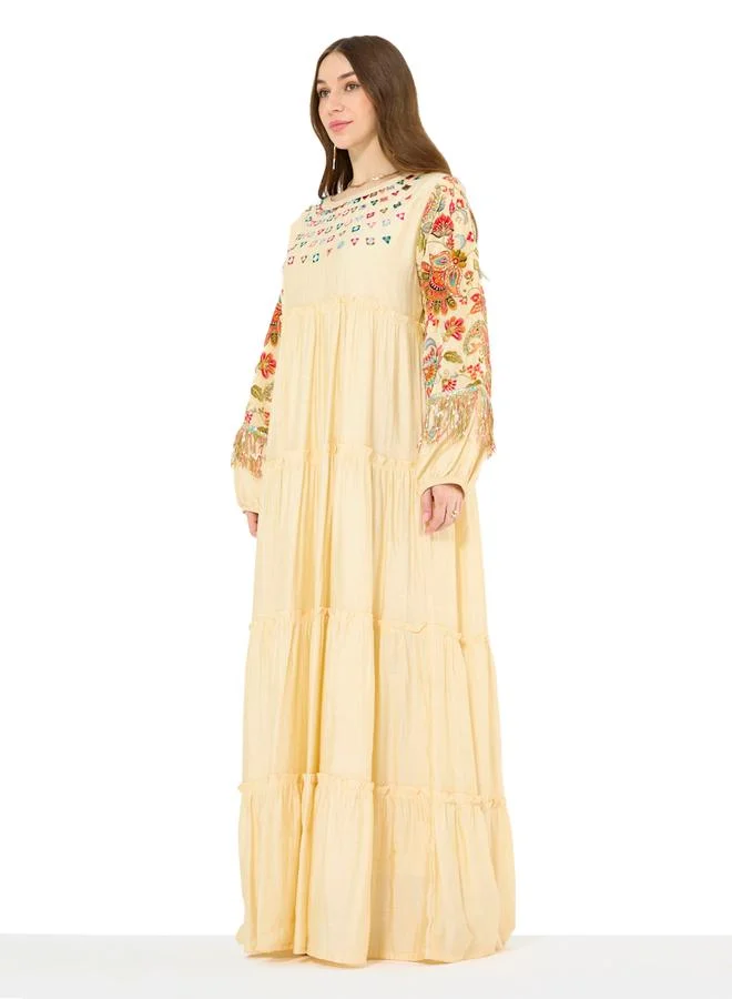 Thouq Beige Embroidery Sequin Embellished Maxi Jalabiya