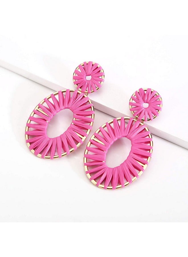 BaubleStar - Kiera Raffia Tassel Fringe Rattan Hoop Drop Statement Earrings Hot Pink Tiered Thread Handmade Round Oval Cirle Dangle Fashion Jewelry For Women Girls - Image 1
