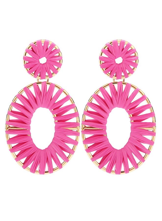 BaubleStar - Kiera Raffia Tassel Fringe Rattan Hoop Drop Statement Earrings Hot Pink Tiered Thread Handmade Round Oval Cirle Dangle Fashion Jewelry For Women Girls - Image 1