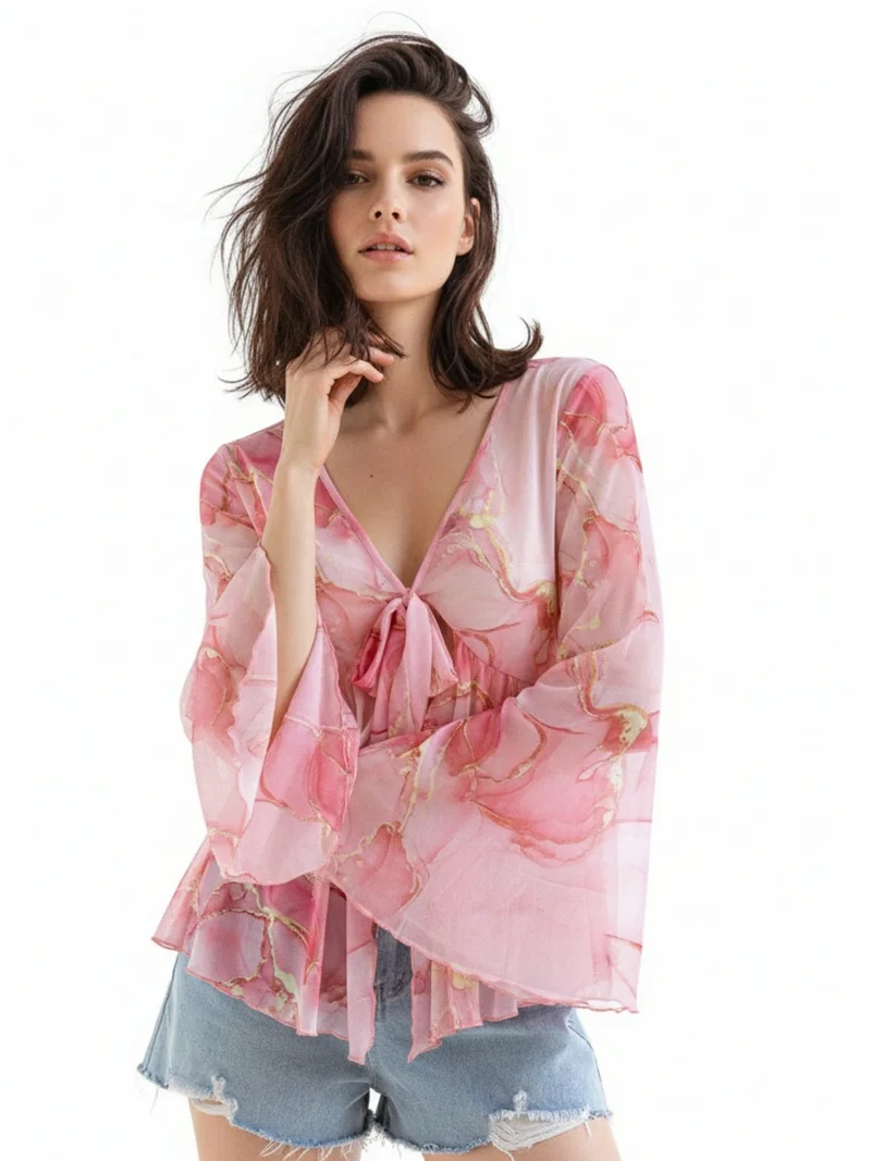 Pink Bell Sleeve Front Tie-Up Printed Top