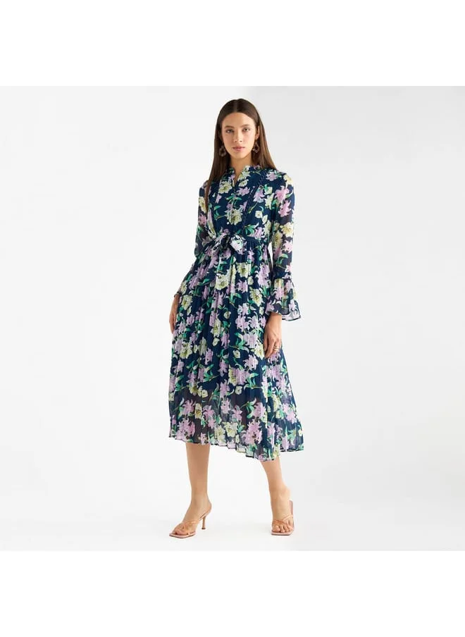 FAV Floral Printed Pleated Mandarin Collar Dress with Bell Sleeves and Tie-Up Belt