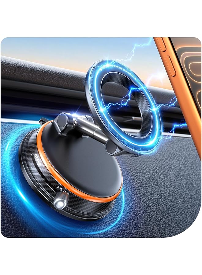 S-TOP Super Strong Car Phone Holder, 108 LBS Vacuum Suction and 3000gf Magnet, 360 Adjustable Carbon Fiber Mount Compatible with All Phones, Secure and Durable, Orange - Image 1