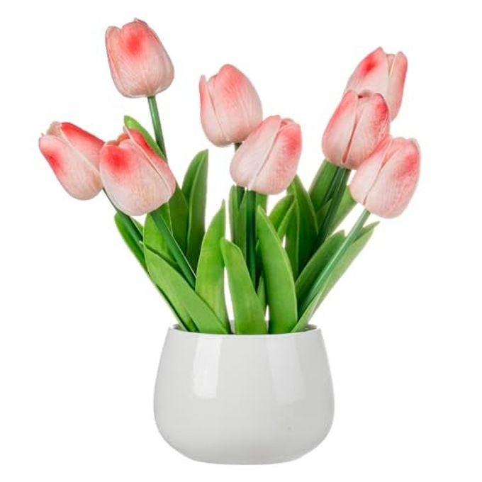 MyGift Realistic Artificial Pink Tulips in White Ceramic Vase  Faux Tulip Flower Arrangement for Home & Office Decor, Potted Tabletop Fake Plants in Round Ceramic Planter, Elegant Spring Decor - Image 1