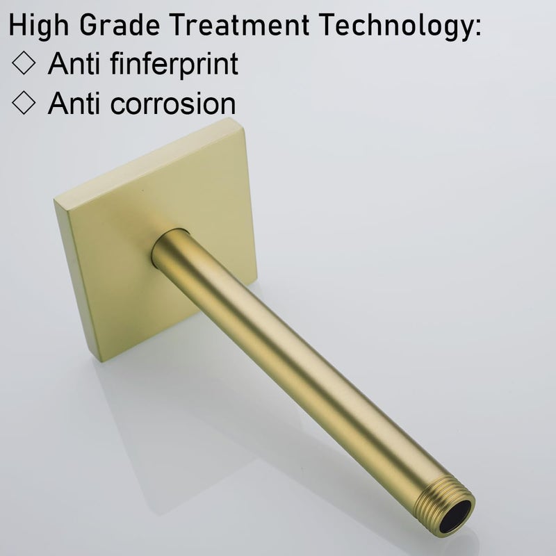 Random Straight Shower Arm with Flange,Gold 8 Inches Ceiling Mount Shower Head Extension Arm,Brushed Gold.RD-91038-8BG-SQ - Image 1