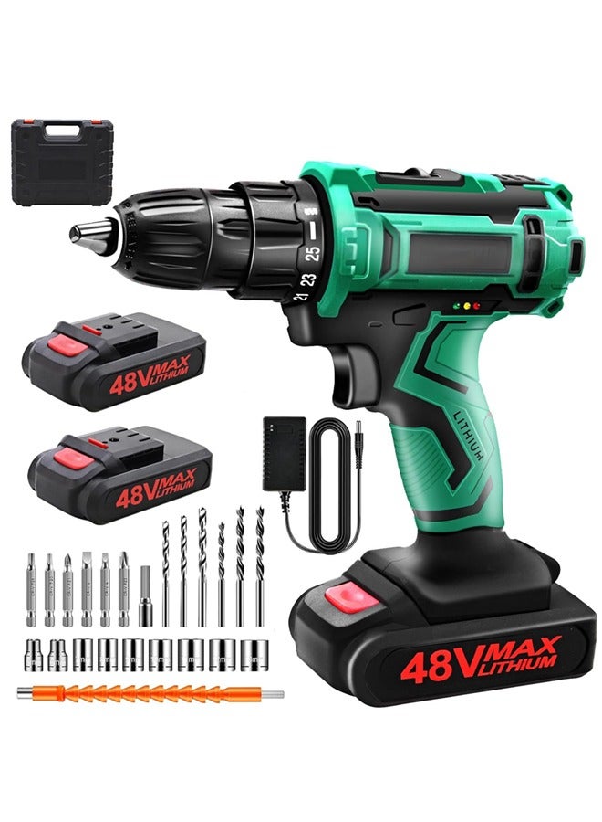 Favarey 48V Cordless Drill Set, Electric Drill with 2 Battery and Charger, 3/8-Inch Keyless Chuck, 2 Variable Speeds, 25 +1 Torque Setting and 24Pcs Drill Bits for Home DIY and Repair - Image 1