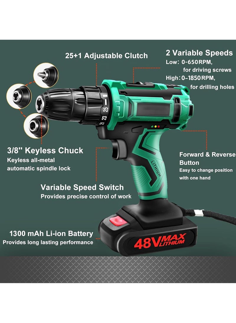 Favarey 48V Cordless Drill Set, Electric Drill with 2 Battery and Charger, 3/8-Inch Keyless Chuck, 2 Variable Speeds, 25 +1 Torque Setting and 24Pcs Drill Bits for Home DIY and Repair - Image 2