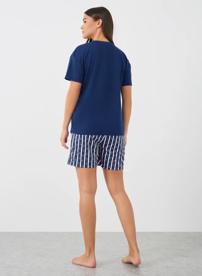 Styli Unwind Slogan Print T-Shirt and Striped Shorts Pyjama Set