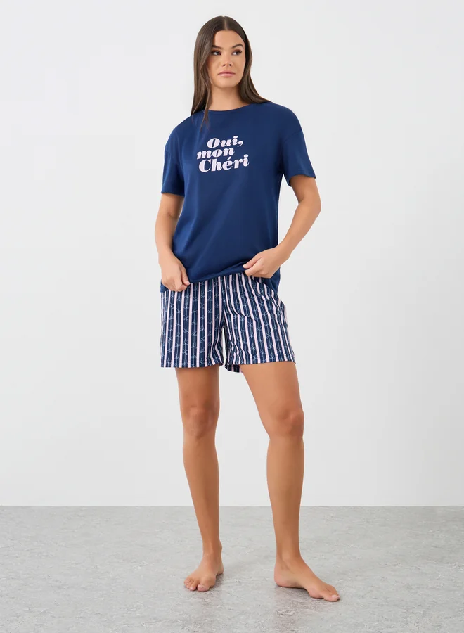 Styli Unwind Slogan Print T-Shirt and Striped Shorts Pyjama Set