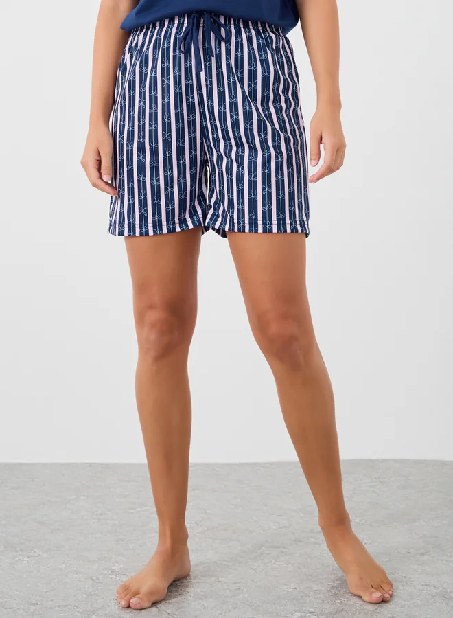 Styli Unwind Slogan Print T-Shirt and Striped Shorts Pyjama Set