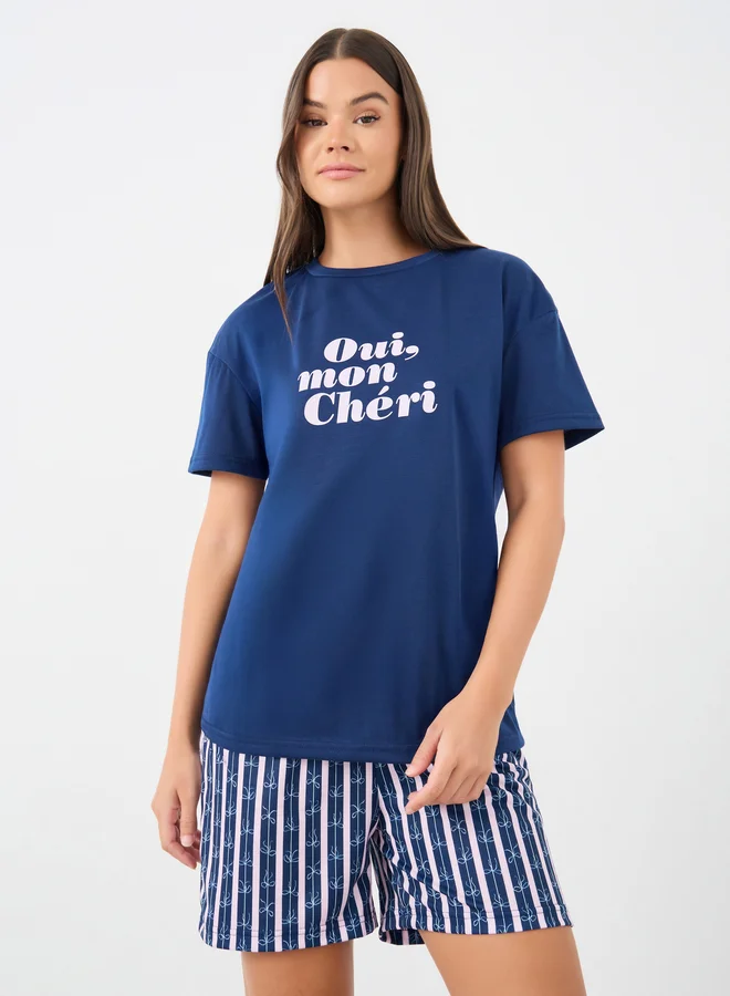 Styli Styli Unwind Slogan Print T-Shirt and Striped Shorts Pyjama Set