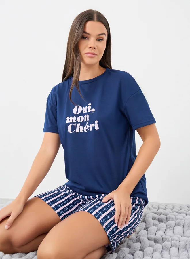 Styli Styli Unwind Slogan Print T-Shirt and Striped Shorts Pyjama Set