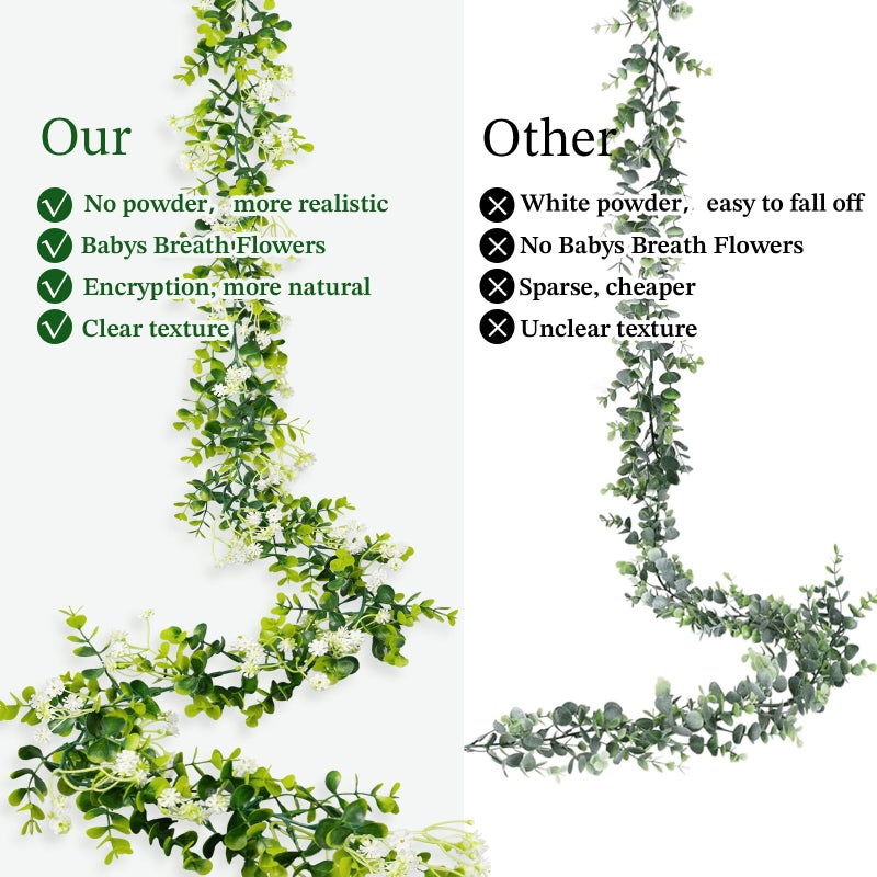 HIAGROW 6FT Eucalyptus Garland with Flowers, 2 Pack Artificial Greenery Garland Hanging Spring Eucalyptus Garland Suitable for Table Wedding Backdrop Arch Wall Party UV Protected Indoor Outdoor Decor - Image 3