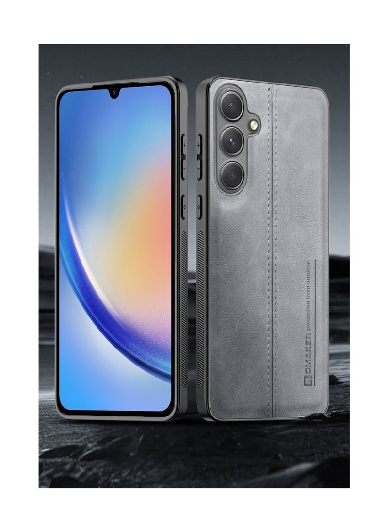 OMAKER Premium Stylish PU Leather Shockproof Back Cover Case for Samsung Galaxy A34 - Gray  - Image 2