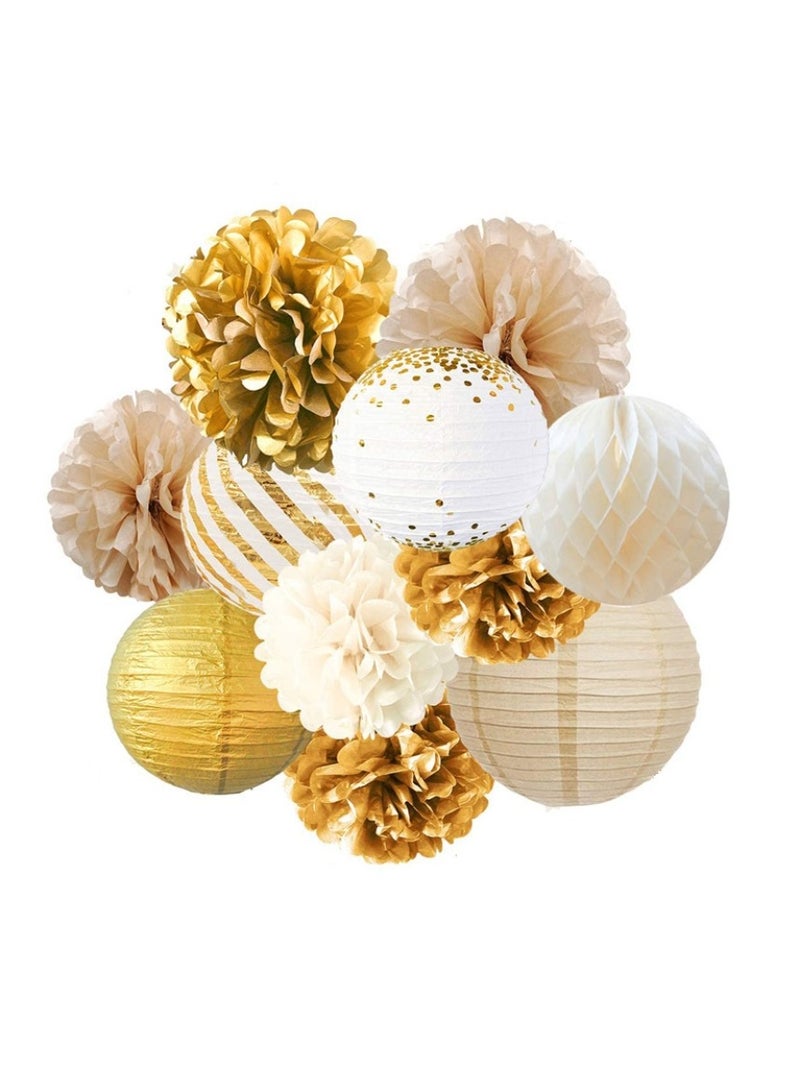 OASIS-TH Party Decorations, Gold White 11PCS Tissue Pom Poms Round Lantern Honeycomb Ball Paper Lantern Party Party Supplies for Rustic Vintage Wedding Bridal Shower Baby Shower Backdrop, Folding Lantern - Image 1