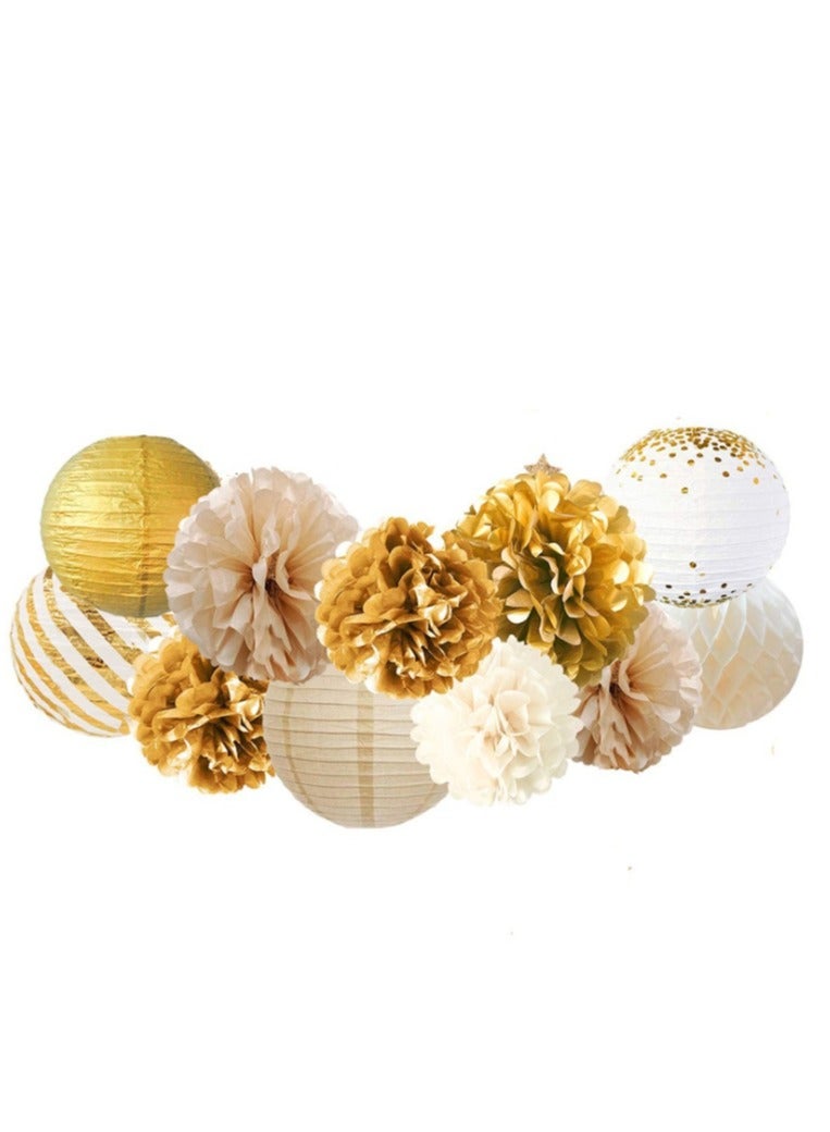 OASIS-TH Party Decorations, Gold White 11PCS Tissue Pom Poms Round Lantern Honeycomb Ball Paper Lantern Party Party Supplies for Rustic Vintage Wedding Bridal Shower Baby Shower Backdrop, Folding Lantern - Image 3